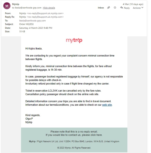 Mytrip.com complaint Inpossible Connection
