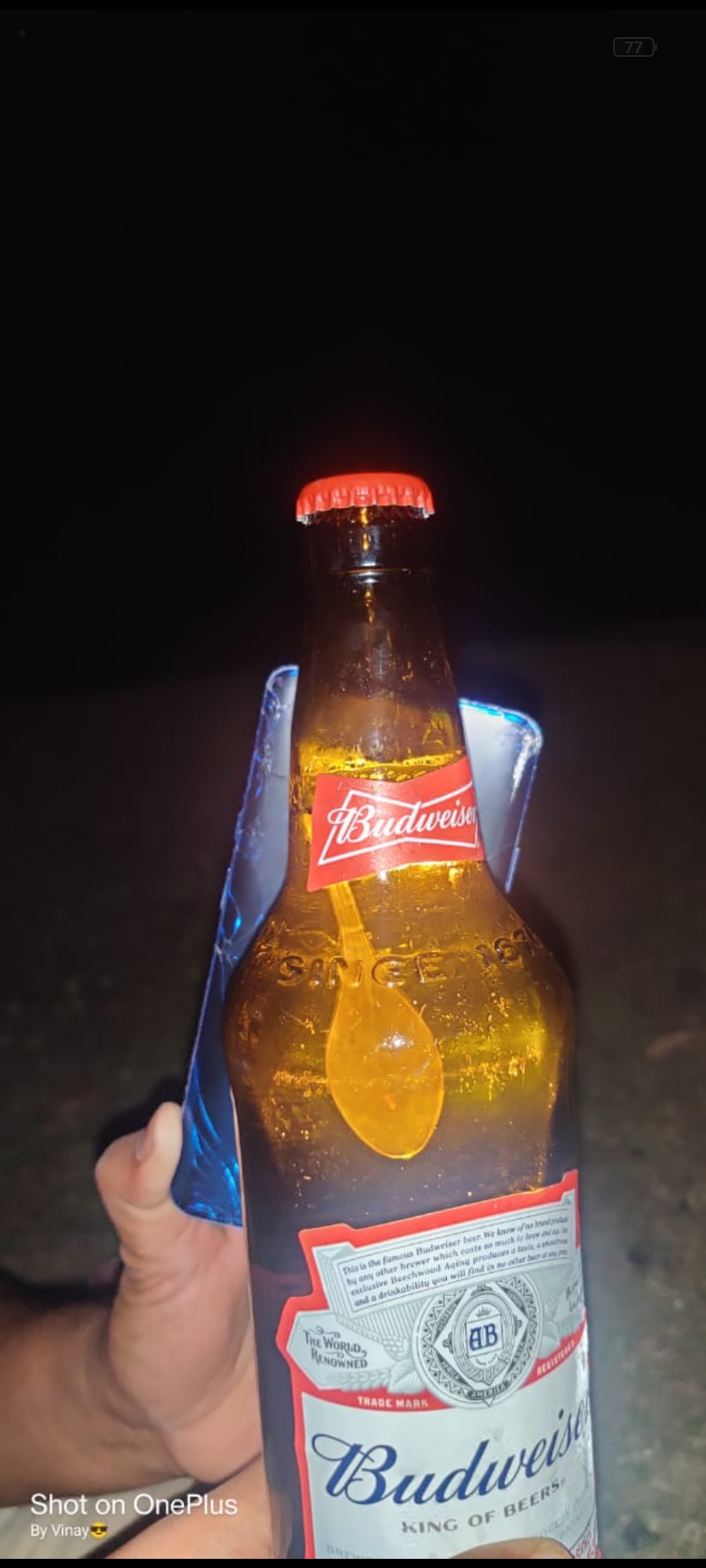 A plastic spoon in Budweiser beer