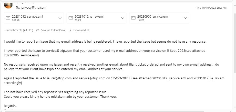 Reported mis-information from trip.com customer with no response.