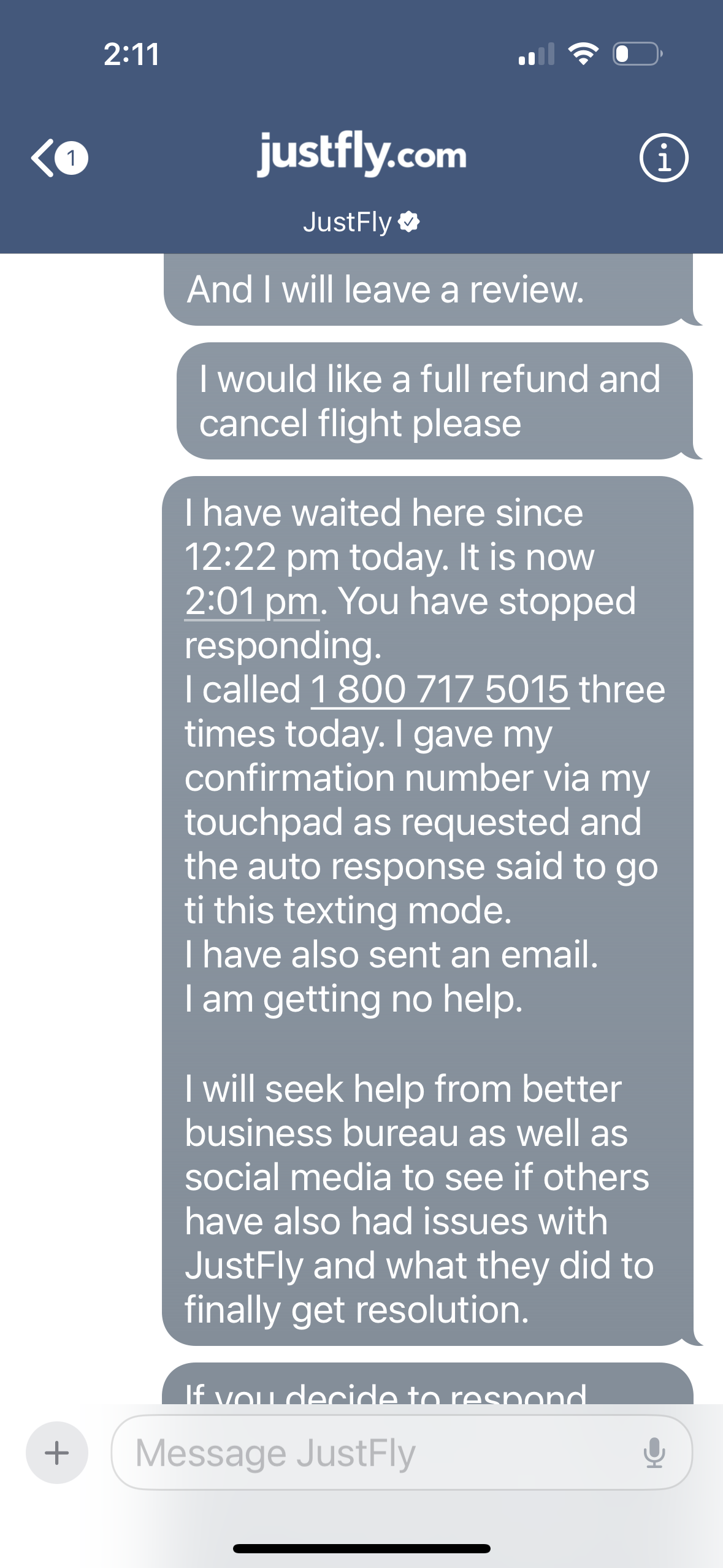 JustFly complaint Poor response