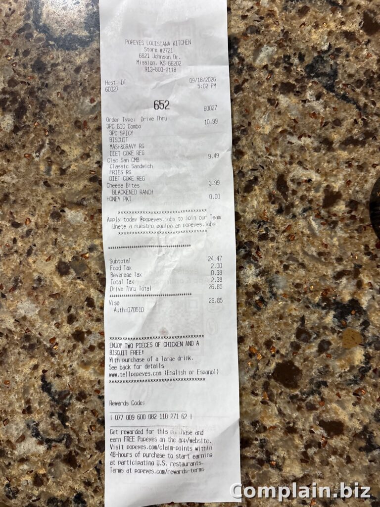 Evidence uploaded with this complaint about Popeyes